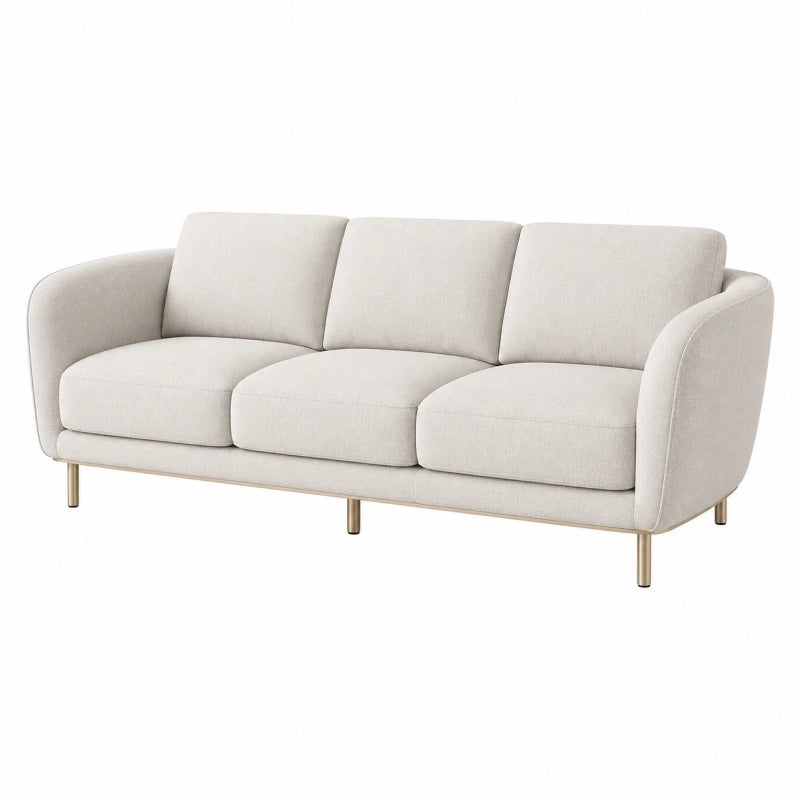 Canapé 3 places 210 cm en tissu beige avec pieds métalliques style contemporain