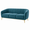Canapé 3 places 210 cm en velours bleu pétrole pieds métalliques dorés style contemporain