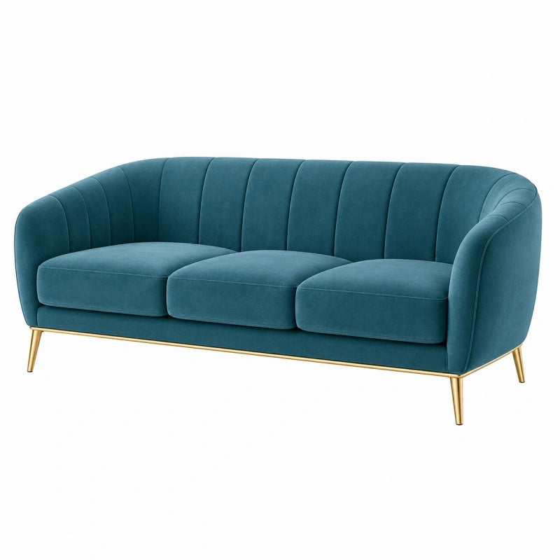 Canapé 3 places 210 cm en velours bleu pétrole pieds métalliques dorés style contemporain