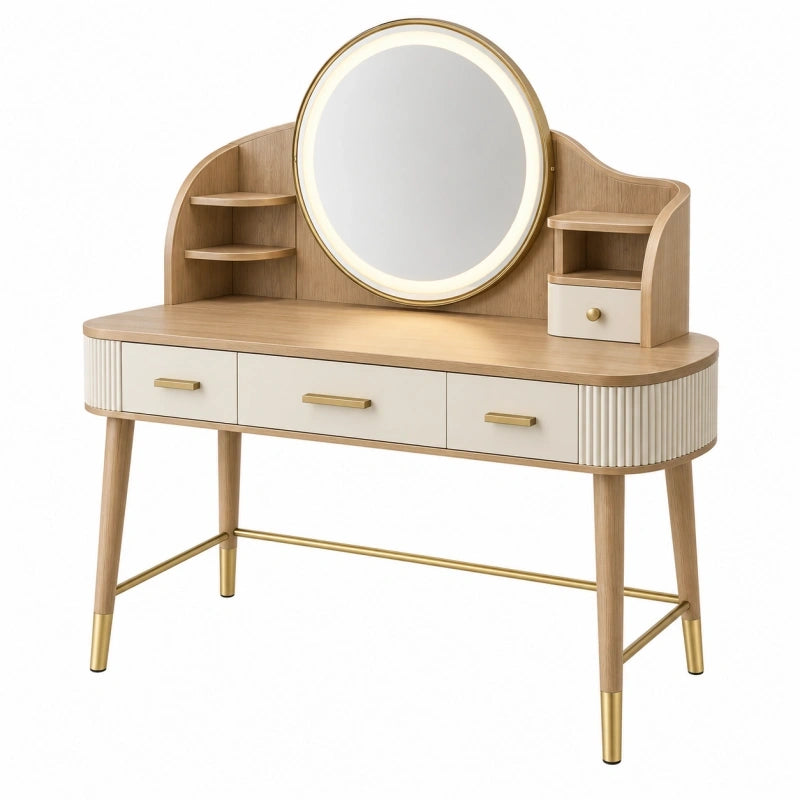 Coiffeuse 120 x 45 x 145 cm en bois naturel blanc et doré avec miroir et rangements