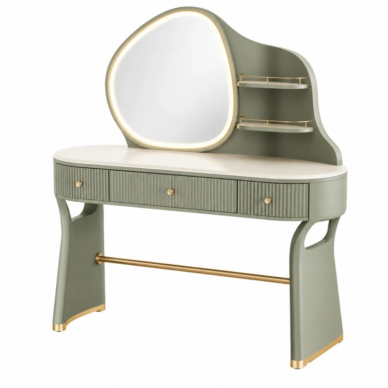 Coiffeuse 120 x 50 x 145 cm en bois vert sauge avec miroir lumineux et rangement
