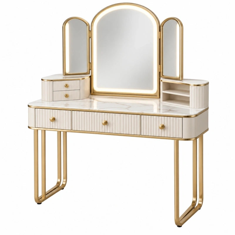Coiffeuse 120 x 45 x 150 cm blanche et dorée en MDF métal et verre avec miroir triptyque éclairé style contemporain