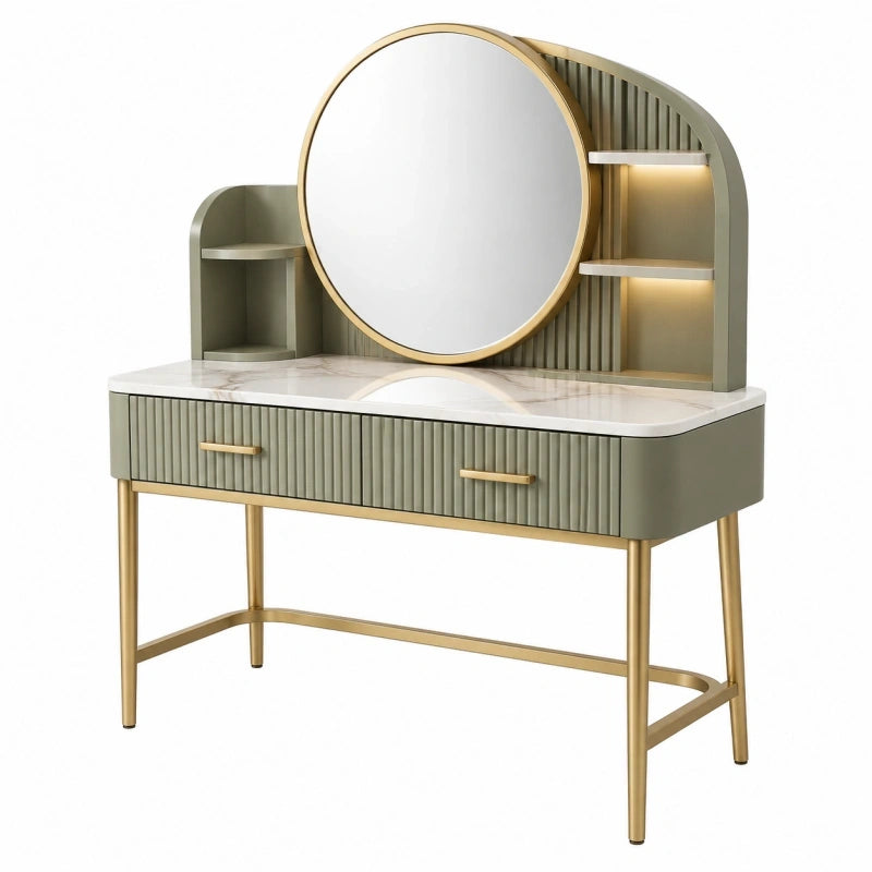 Coiffeuse 100 x 45 x 150 cm vert sauge et doré avec miroir éclairé et rangements