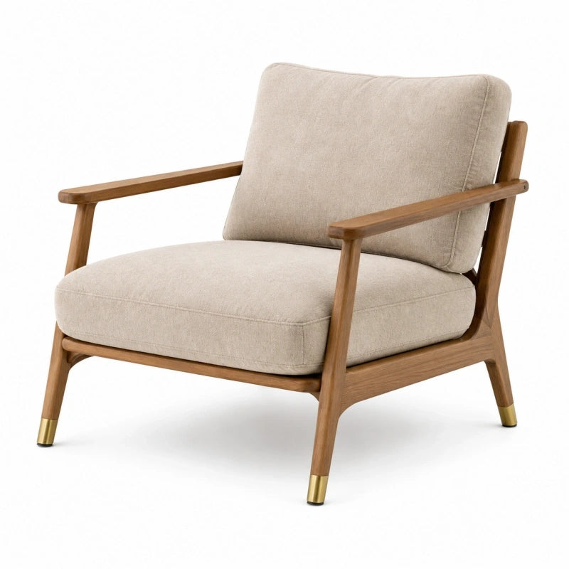 Fauteuil 75 x 82 x 82 cm en tissu beige et bois style scandinave avec accoudoirs