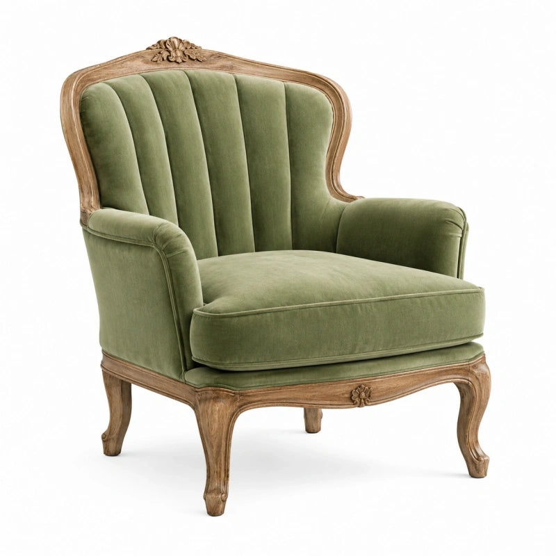 Fauteuil 85 x 90 x 110 cm en velours vert et bois sculpté style classique