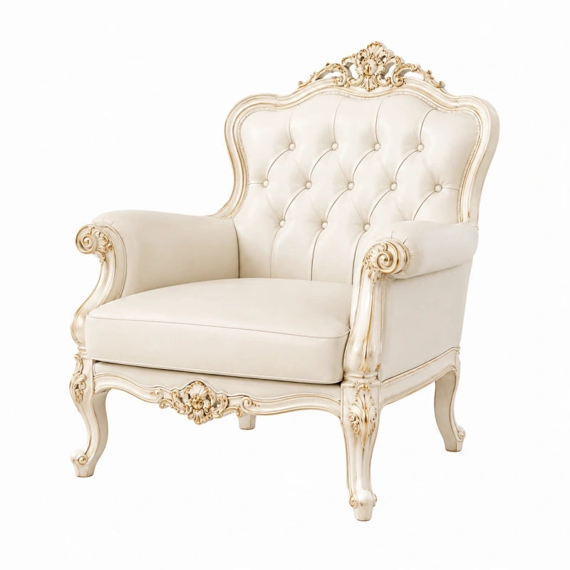 Fauteuil 95 x 90 x 125 cm en bois sculpté et similicuir ivoire style classique