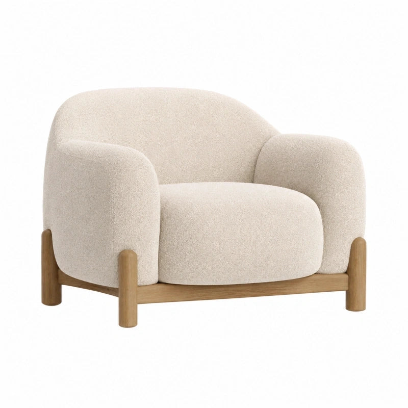 Fauteuil 90 x 85 x 75 cm en tissu bouclette écru et bois style contemporain