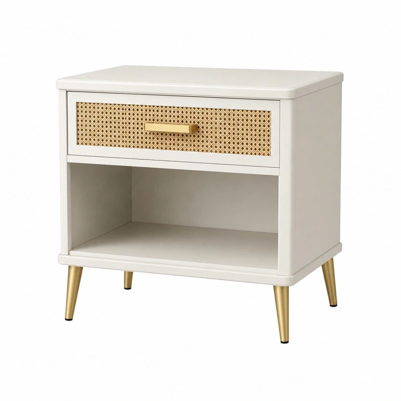Table de chevet 50 x 40 x 60 cm blanche en bois avec cannage et tiroir style rétro