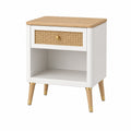 Table de chevet 45 x 35 x 60 cm blanche et bois avec tiroir en cannage style bohème
