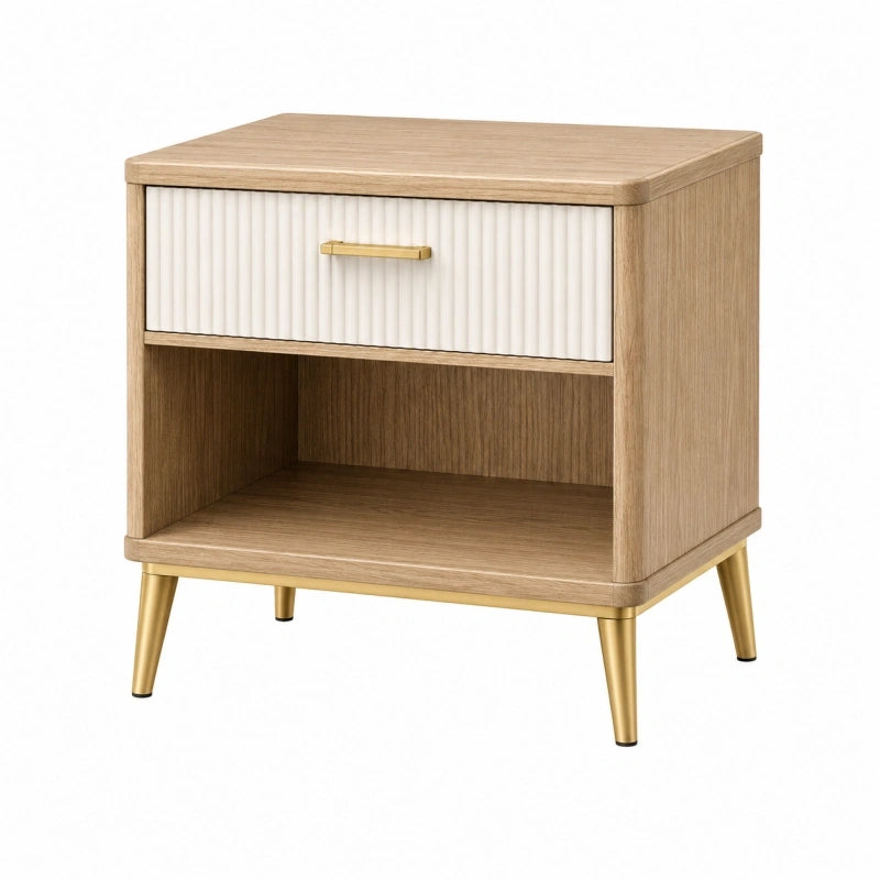 Table de chevet 45 x 40 x 55 cm en bois clair blanc et doré avec tiroir style moderne