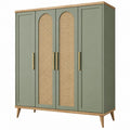 Armoire 4 portes 160 x 55 x 190 cm en bois vert sauge avec cannage style rétro