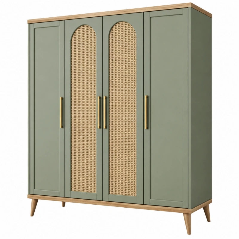 Armoire 4 portes 160 x 55 x 190 cm en bois vert sauge avec cannage style rétro