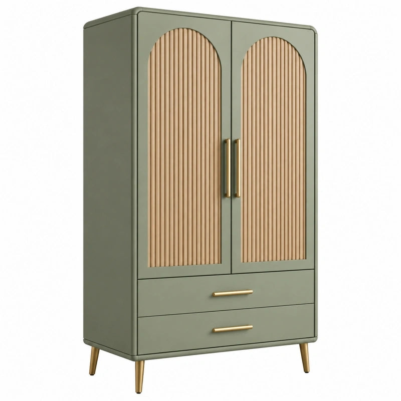 Armoire 90 x 50 x 180 cm en bois vert sauge à 2 portes et 2 tiroirs style contemporain