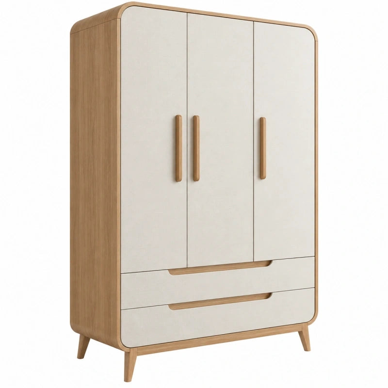 Armoire 120 x 55 x 190 cm en panneaux décor bois blanc cassé - 3 portes 2 tiroirs style scandinave