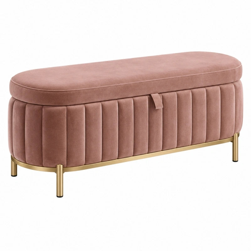 Banquette coffre 100 x 40 x 45 cm en velours rose avec pieds en métal doré