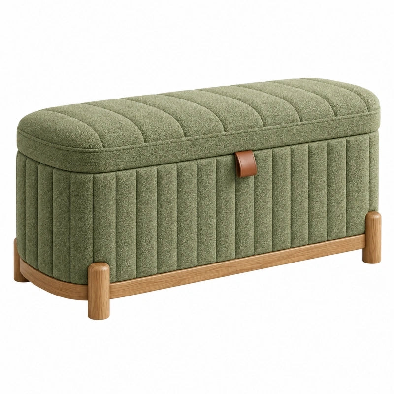 Banc coffre de rangement 100 x 40 x 45 cm en tissu vert olive avec pieds en bois style contemporain