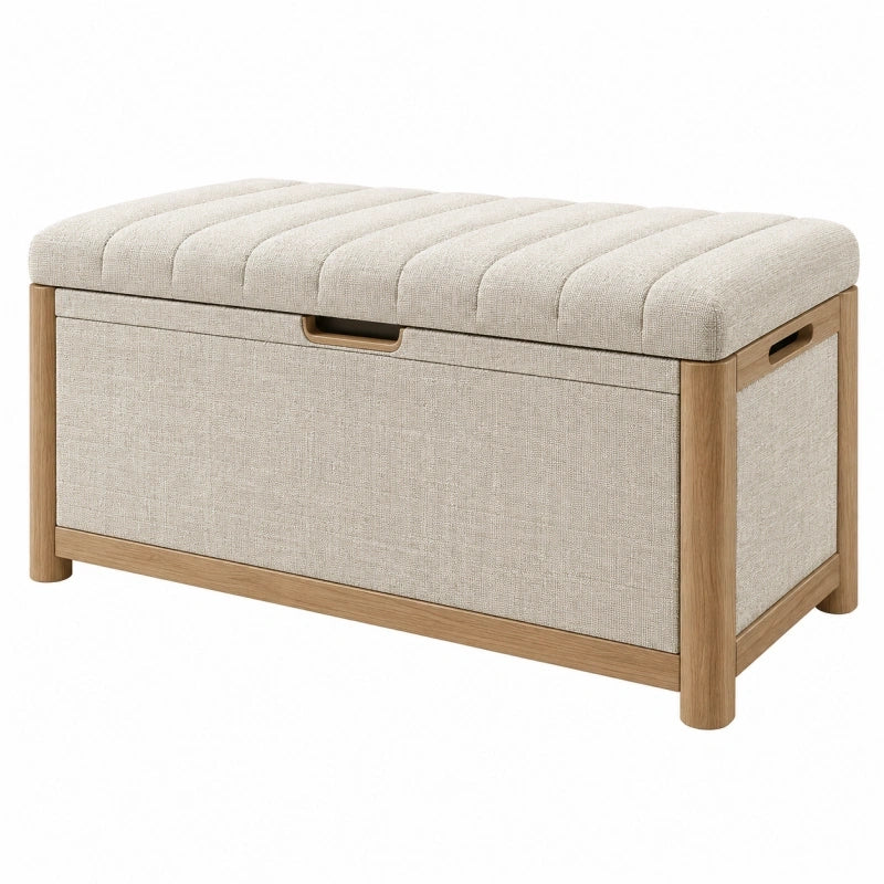 Banc coffre de rangement 100 x 40 x 50 cm en tissu beige et bois style contemporain